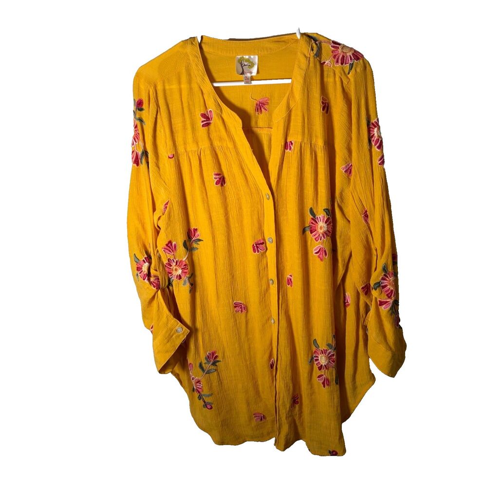 Fig & Flower Shirt Women's 2X Mustard Button Up Embroidered 3/4 Sleeve Top Shirt